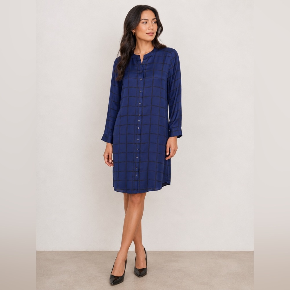Eileen Fisher 100% Silk Shirt Dress Womens Blue Black Windowpane Classic XS